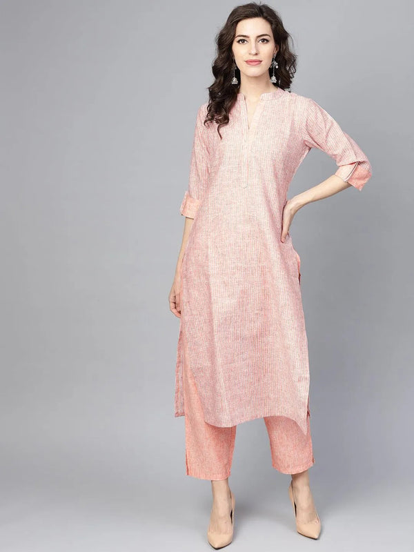 Peach Striped Cotton Kurta Set - Jashvi