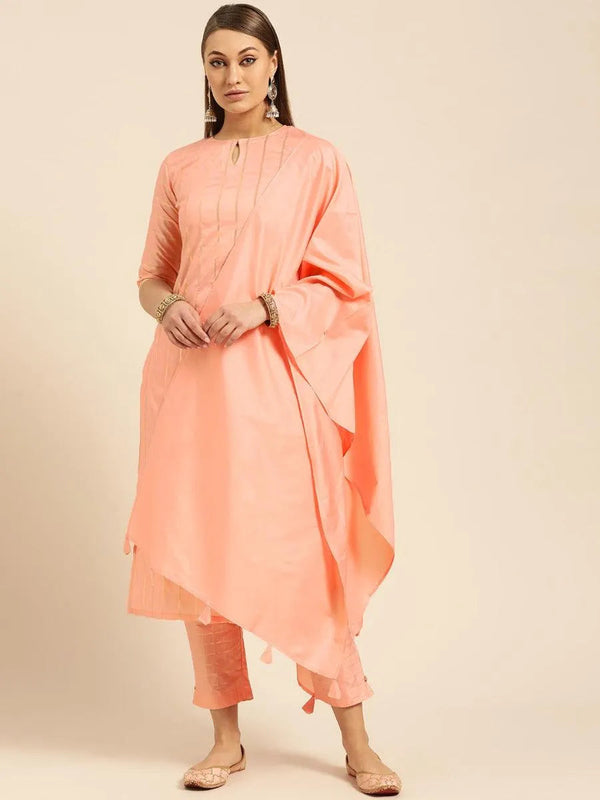 Peach Self Striped Silk Suit Set - Jashvi