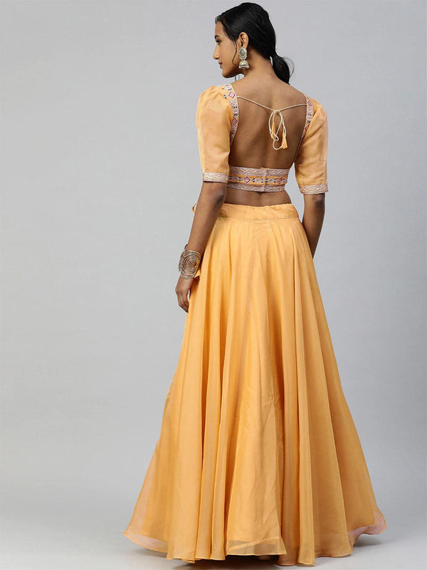 Women's Peach Stylish Mirror Work Lehenga - Odette