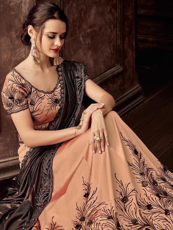 Women's Peach Taffeta Silk Designer Lehenga Choli - Odette