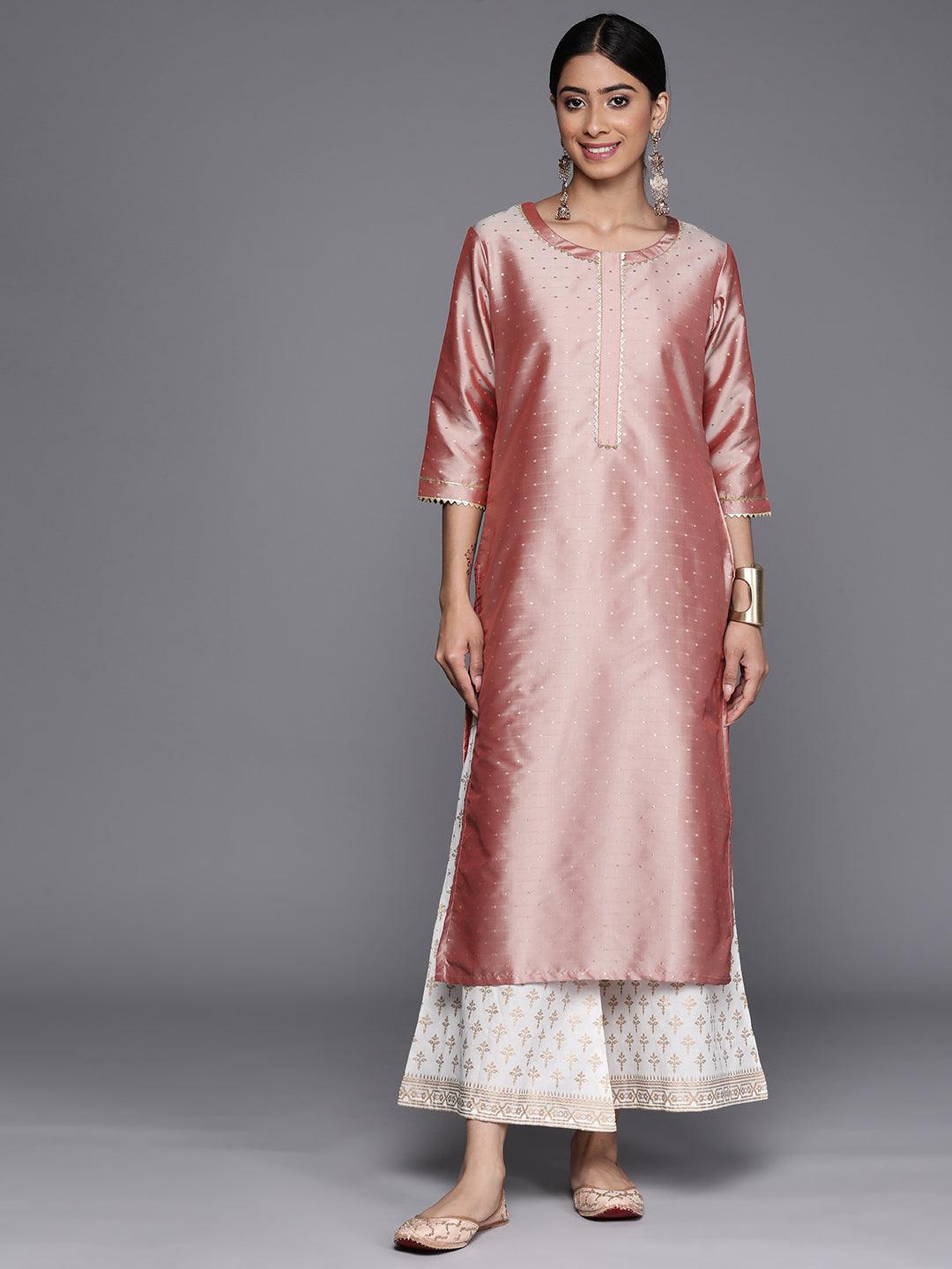 Peach Woven Design Art Silk Straight Kurta - Jashvi