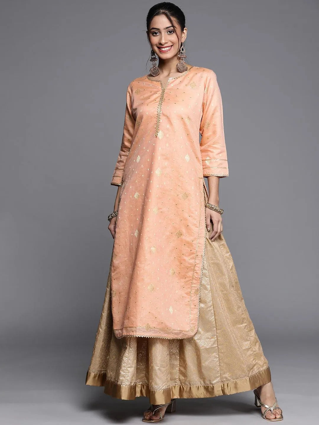 Peach Woven Design Chanderi Silk Kurta - Jashvi