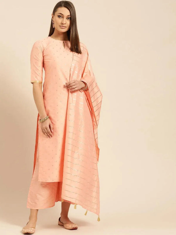 Peach Woven Design Chanderi Suit Set - Jashvi