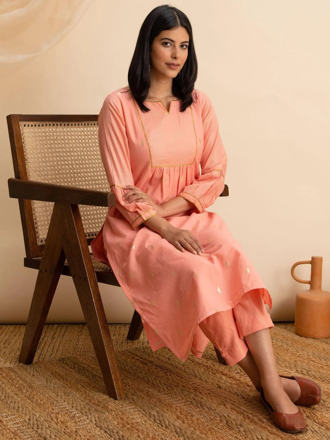 Peach Woven Design Cotton Kurta - Jashvi