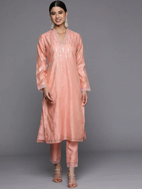 Peach Woven Design Jacquard Straight Kurta - Jashvi