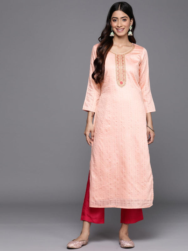 Peach Woven Design Rayon Straight Kurta - Jashvi