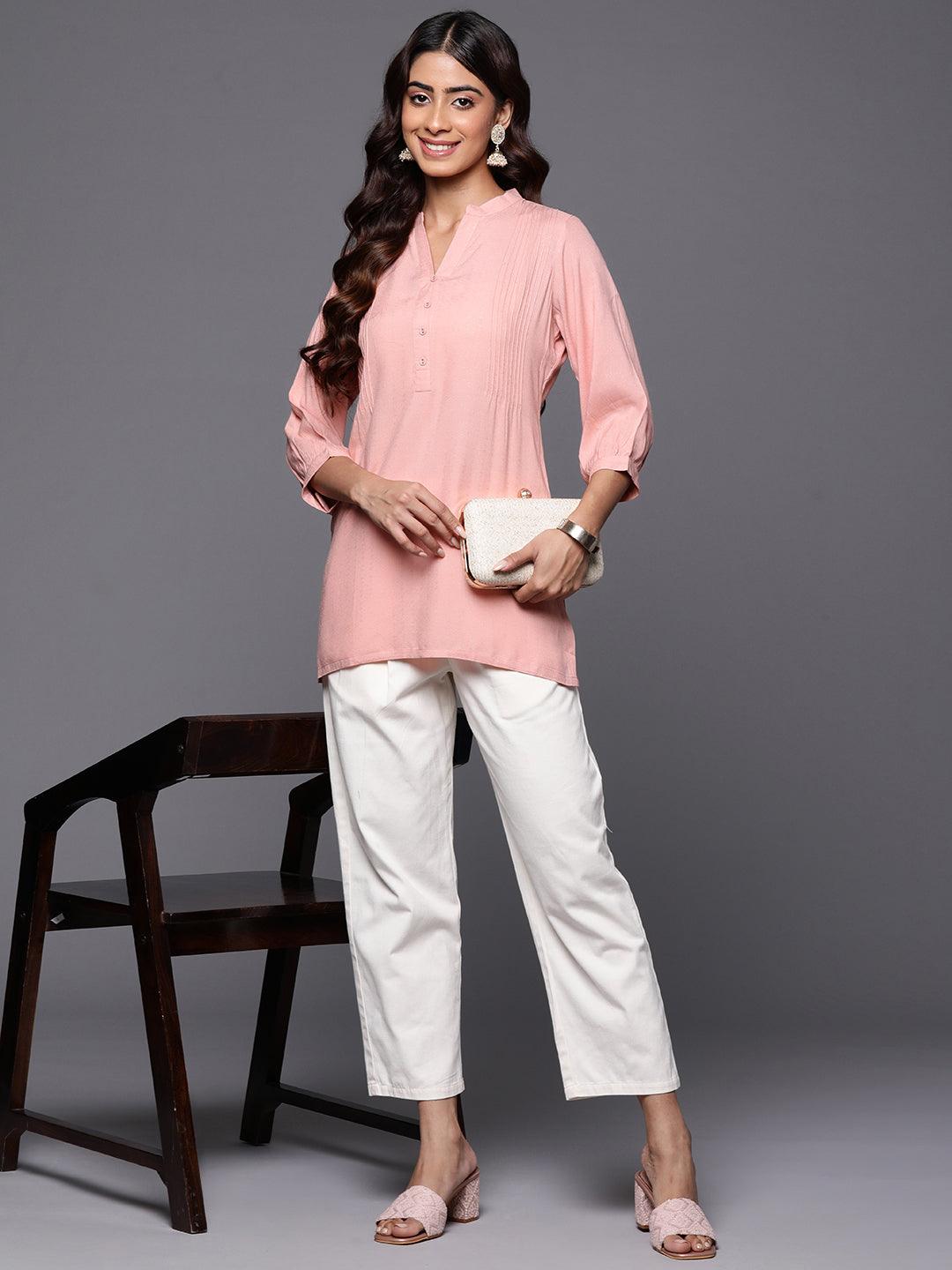 Peach Woven Design Rayon Straight Kurti - Jashvi