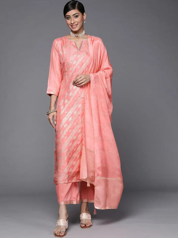 Peach Woven Design Silk Blend Straight Kurta With Palazzos & Dupatta - Jashvi