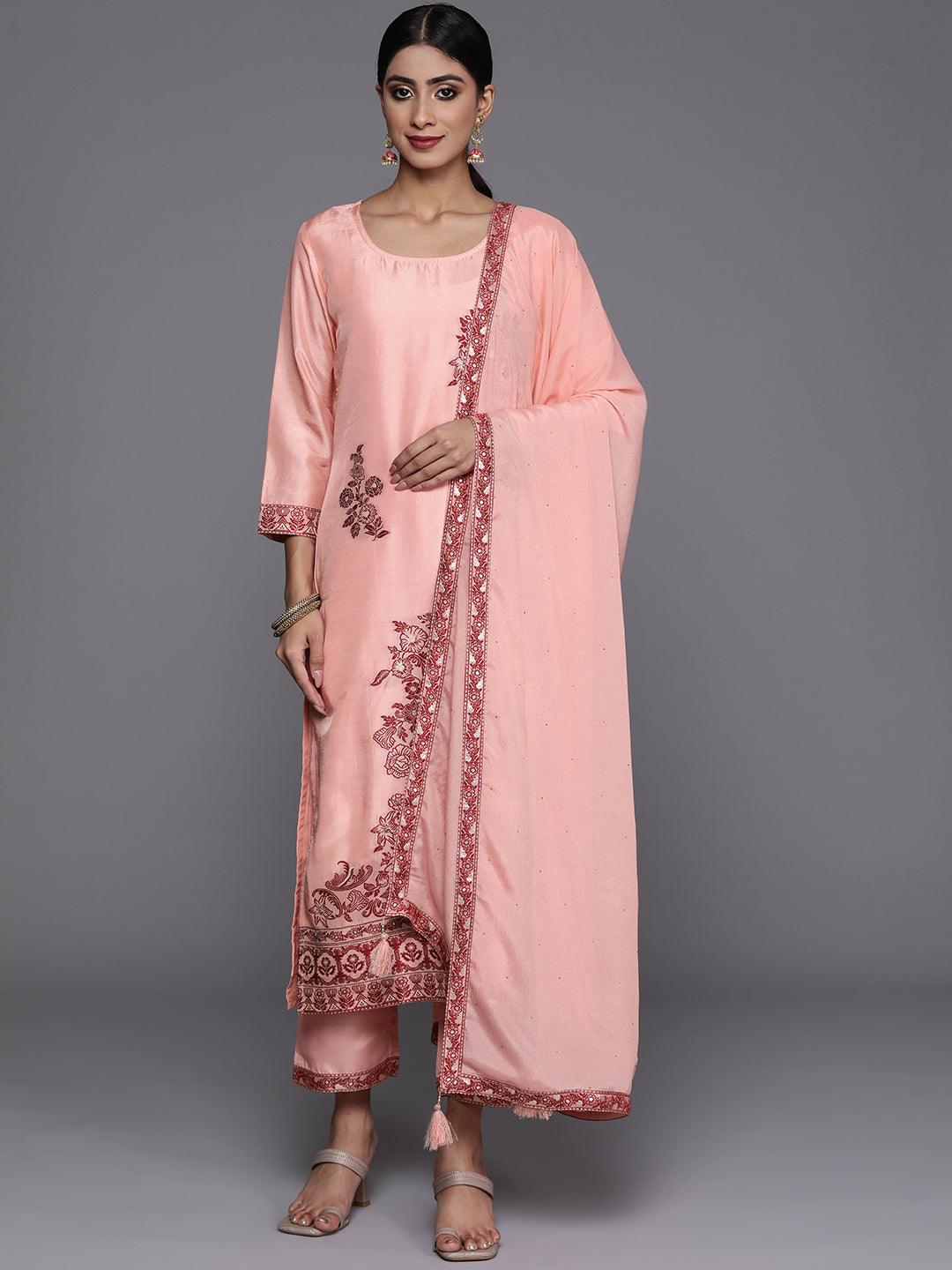 Peach Woven Design Silk Blend Straight Kurta With Trousers & Dupatta - Jashvi