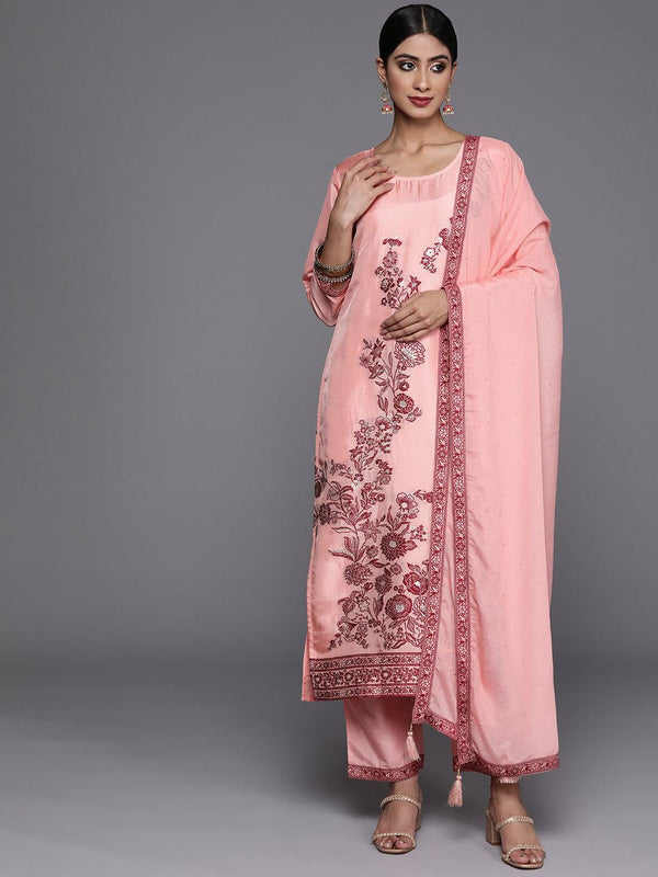 Peach Woven Design Silk Blend Straight Kurta With Trousers & Dupatta - Jashvi