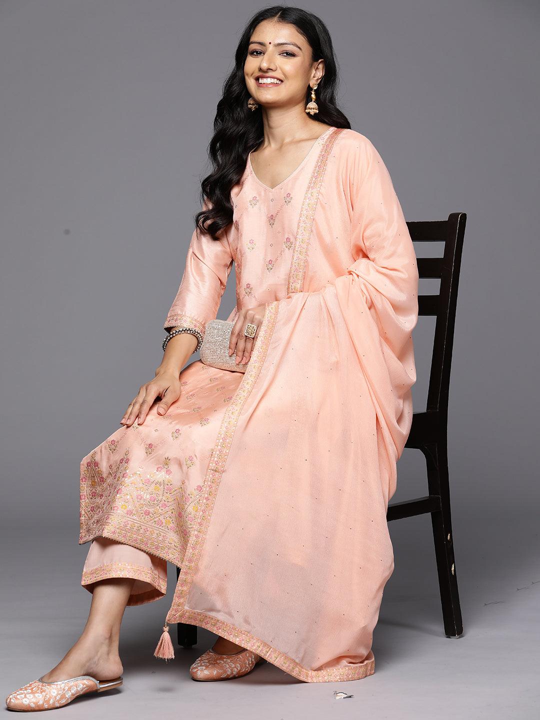 Peach Woven Design Silk Blend Straight Kurta With Trousers & Dupatta - Jashvi