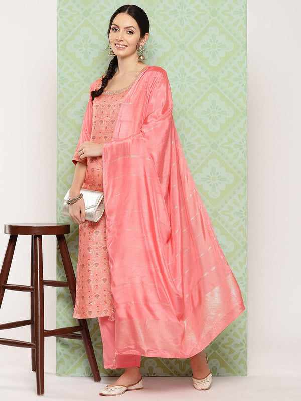 Peach Woven Design Silk Blend Straight Kurta With Trousers & Dupatta - Jashvi