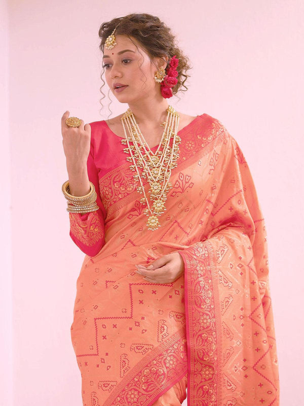 Women's Peach Woven Patola Silk Saree - Odette