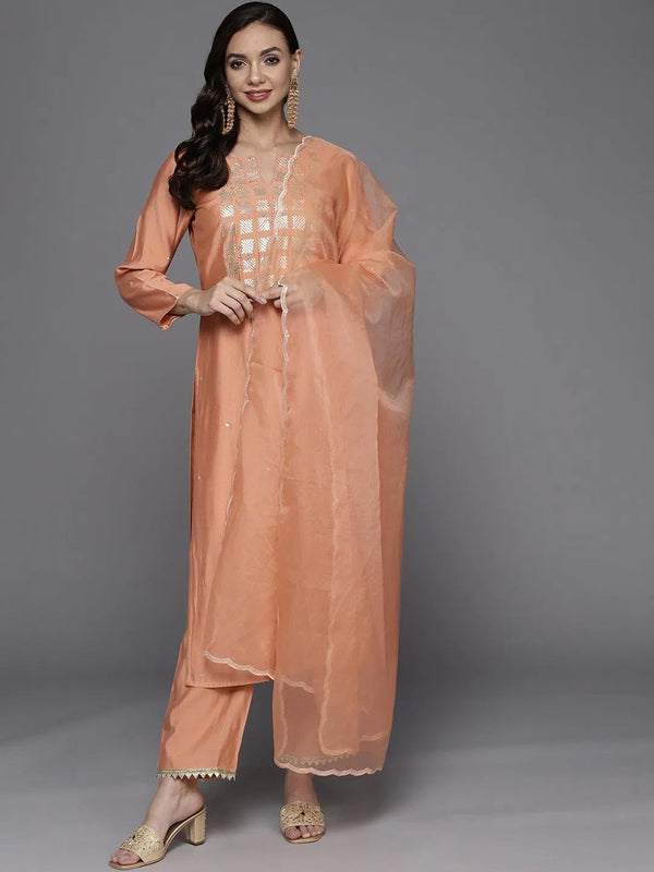 Peach Yoke Design Chanderi Silk Straight Suit Set - Jashvi