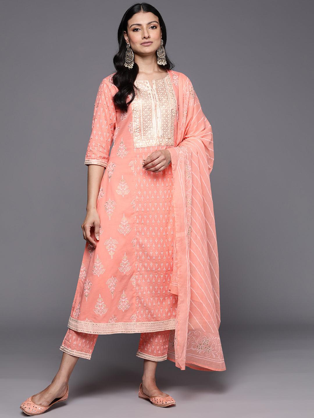 Peach Yoke Design Cotton A-Line Suit Set With Trousers - Jashvi