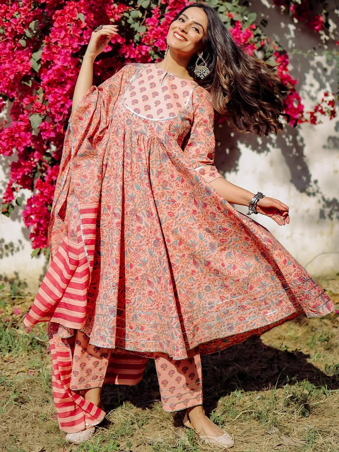 Peach Yoke Design Cotton Anarkali Suit Set With Trousers - Jashvi