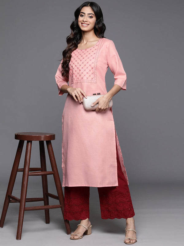 Peach Yoke Design Cotton Straight Kurta - Jashvi