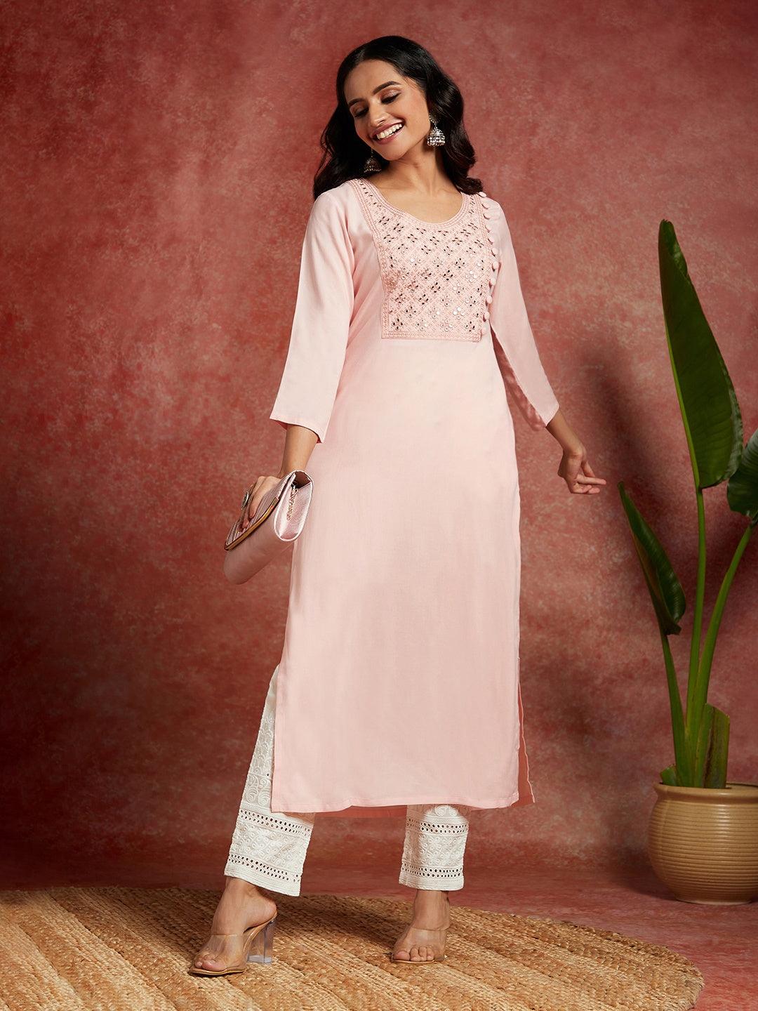 Peach Yoke Design Rayon Straight Kurta - Jashvi