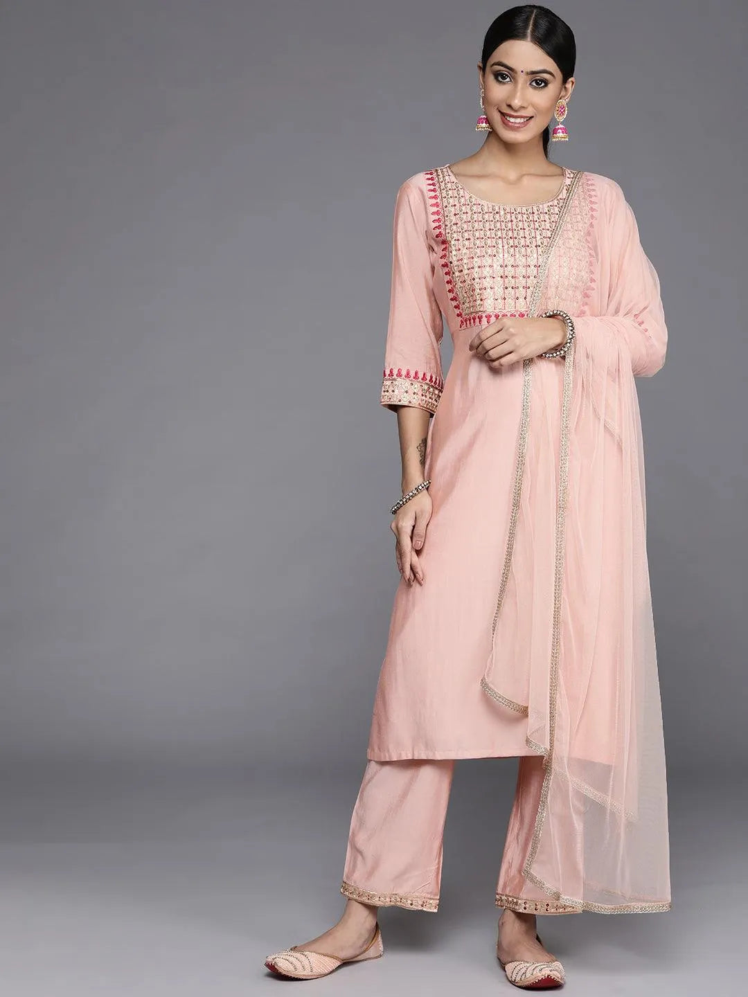 Peach Yoke Design Silk Blend Straight Suit Set With Trousers - Jashvi