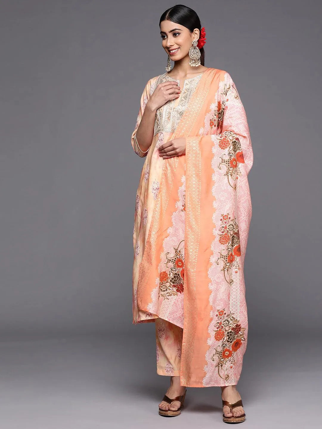 Peach Yoke Design Silk Blend Straight Suit Set With Trousers - Jashvi