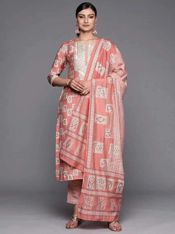 Peach Yoke Design Silk Blend Straight Suit Set With Trousers - Jashvi