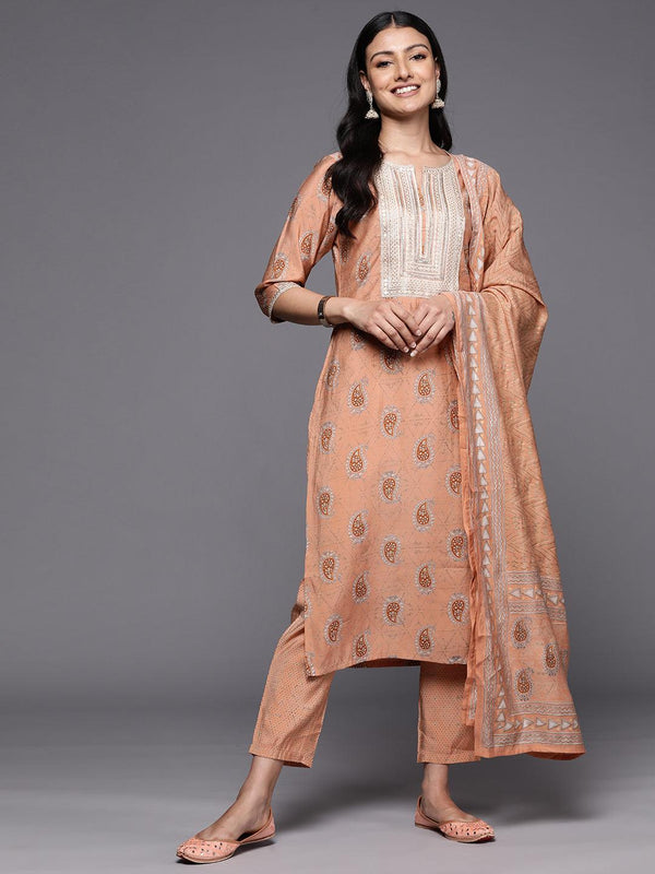 Peach Yoke Design Silk Blend Straight Suit Set With Trousers - Jashvi