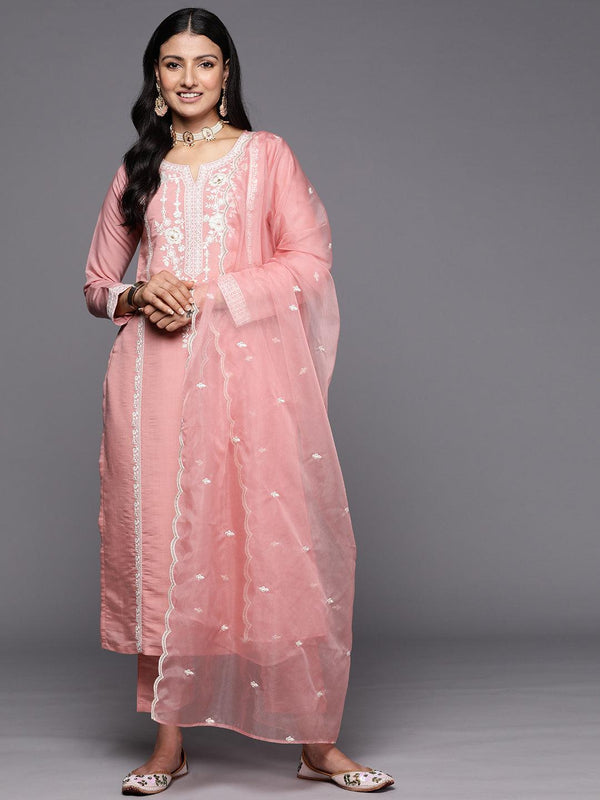 Peach Yoke Design Silk Blend Straight Suit Set With Trousers - Jashvi