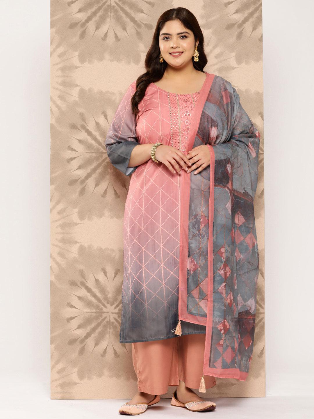 Peach Yoke Design Silk Blend Straight Kurta With Trousers and Dupatta - Jashvi