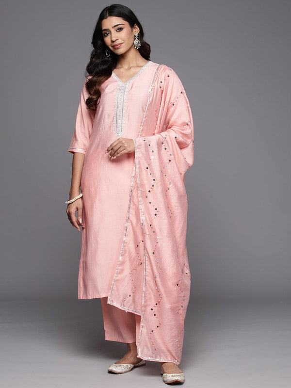 Peach Yoke Design Silk Blend Straight Kurta With Trousers & Dupatta - Jashvi