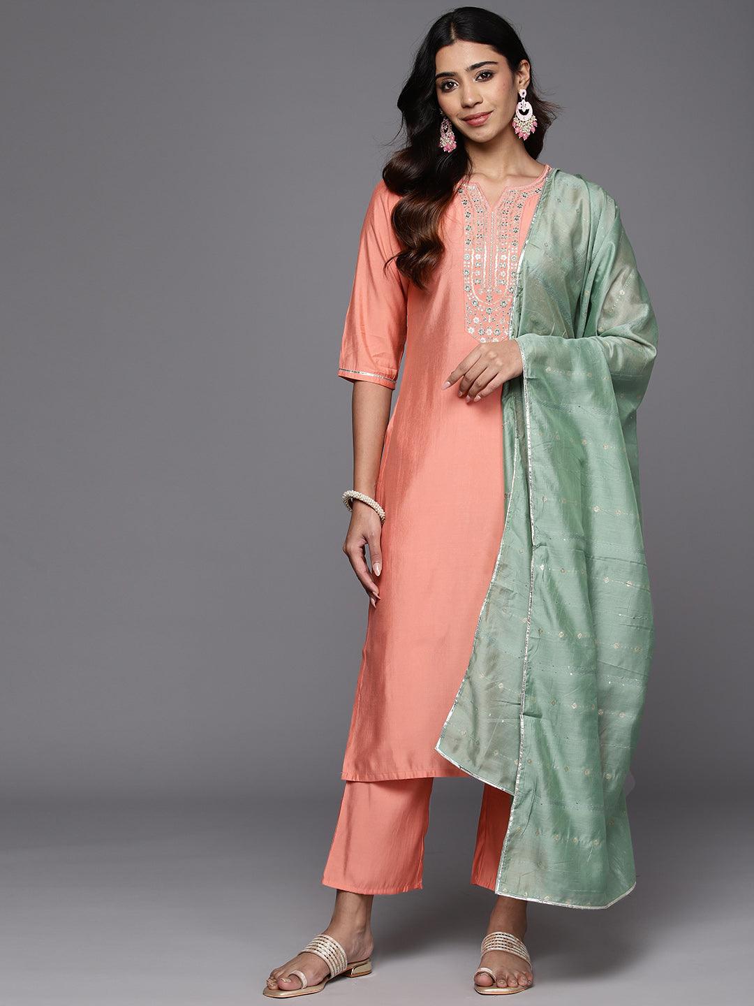 Peach Yoke Design Silk Blend Straight Kurta With Trousers & Dupatta - Jashvi