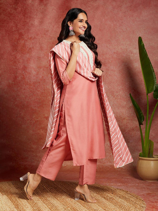 Peach Yoke Design Silk Blend Straight Kurta With Trousers & Dupatta - Jashvi