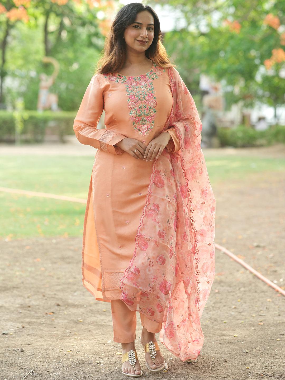 Peach Yoke Design Silk Blend Straight Kurta With Trousers & Dupatta - Jashvi