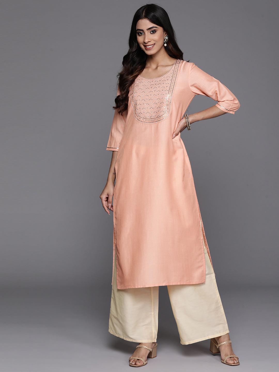 Peach Yoke Design Silk Straight Kurta - Jashvi