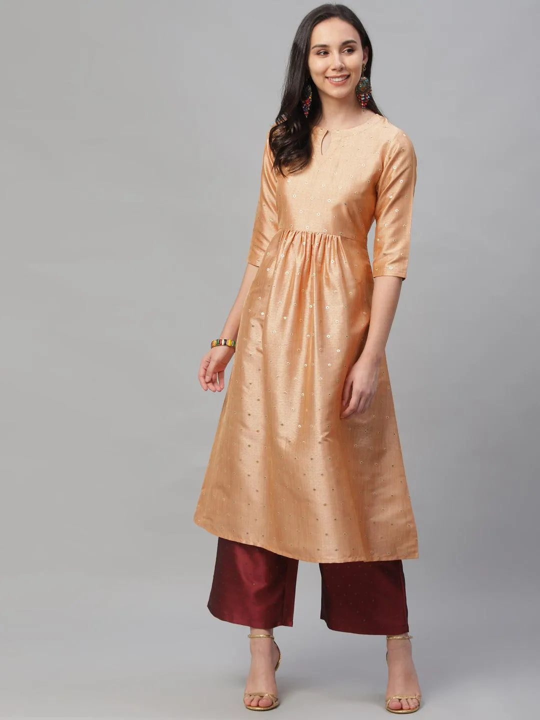 Peach Zari Work Chanderi Kurta Set - Jashvi