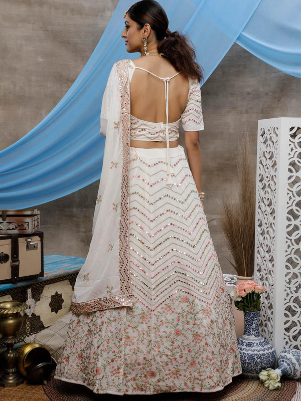 Women's Pearl White Georgette Lehenga Set - Odette