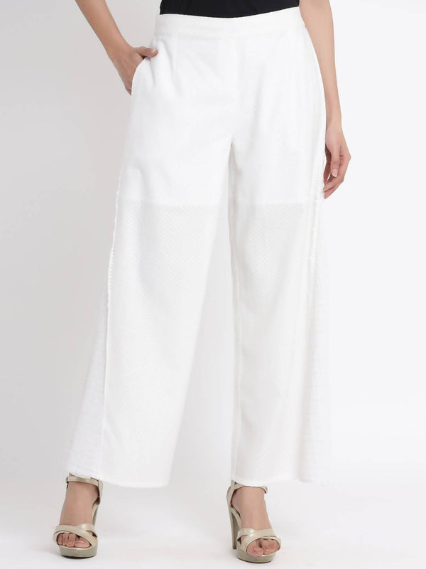 Buy_Women's_White_Cotton_Dobby_Flared_Palazzo_With_Scrunchie_Online_Indiakreations