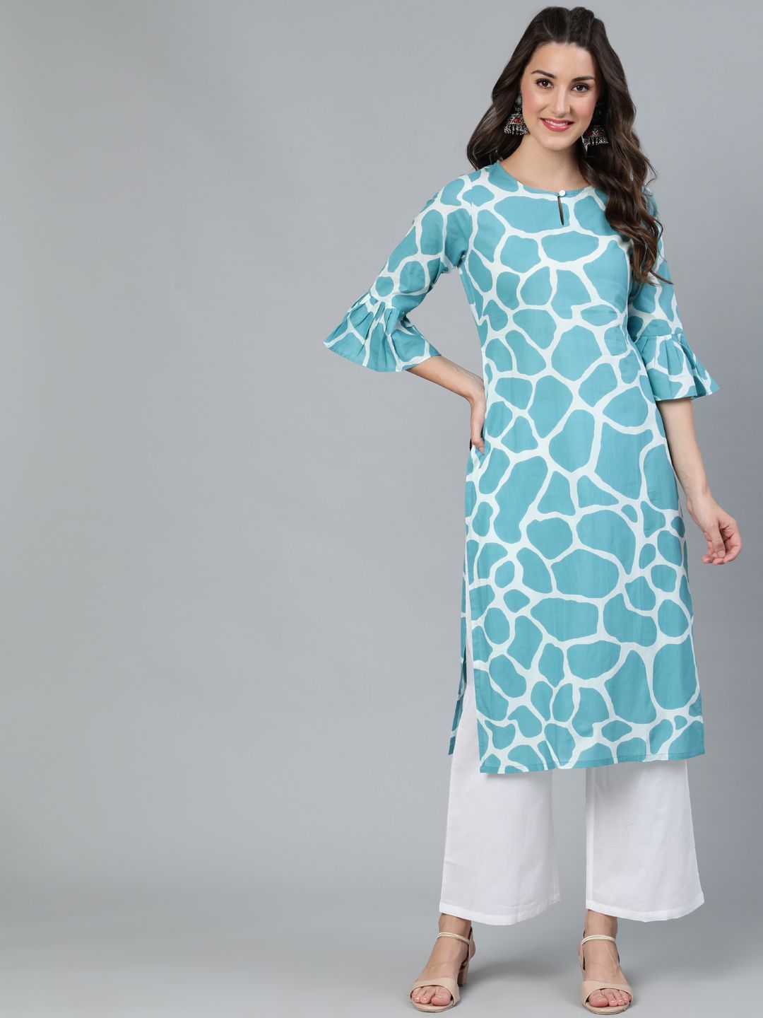 Women's Blue Animal Printed Straight Kurta - AKS