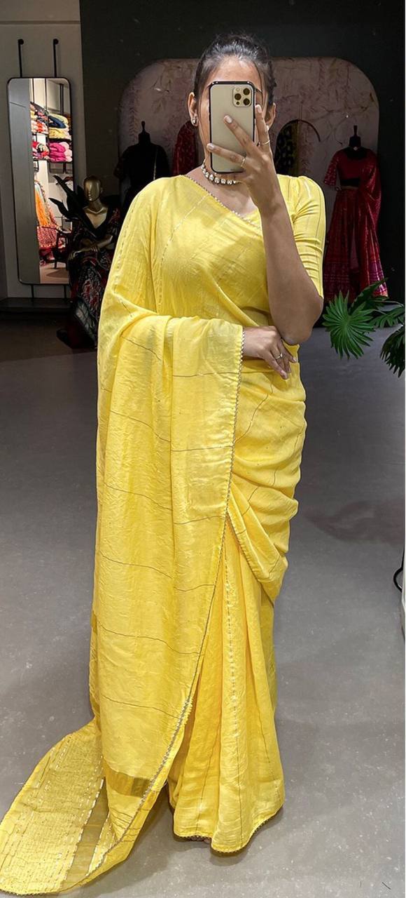 Yellow Viscose Chanderi Saree