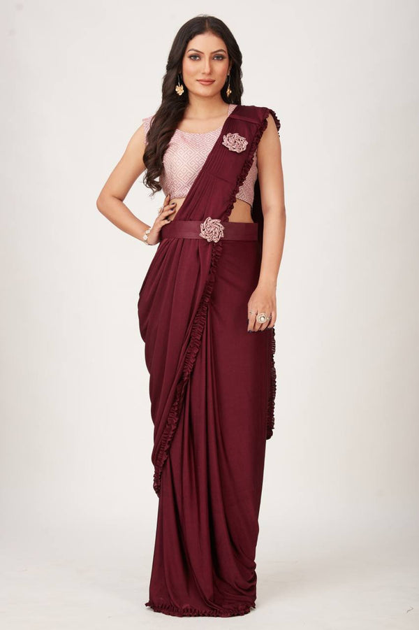 Maroon Plain Imported Saree With Frill Border And Belt