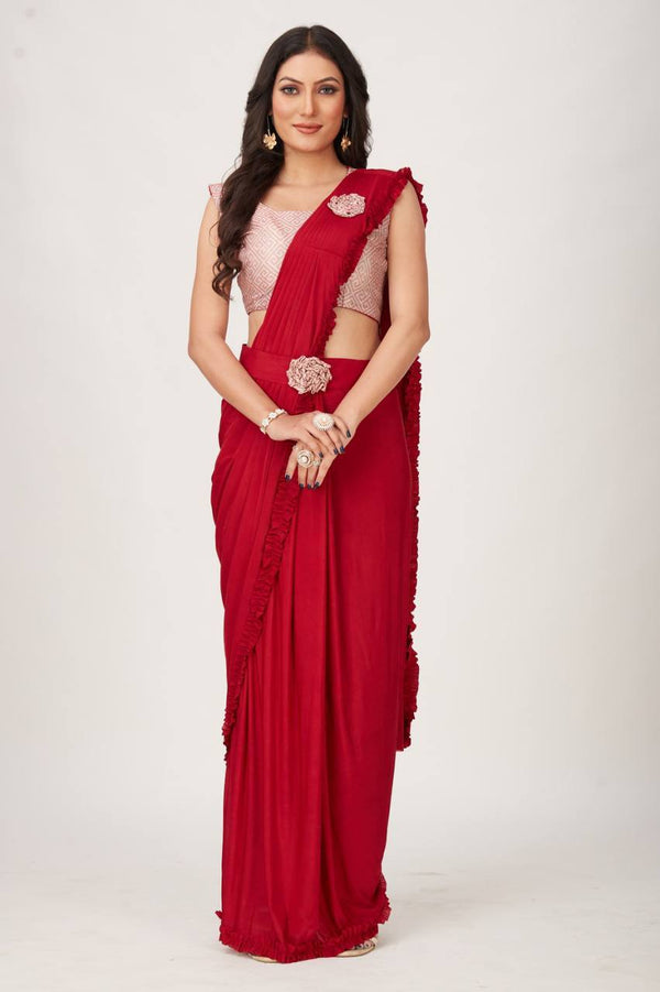 Red Plain Imported Saree With Frill Border And Belt