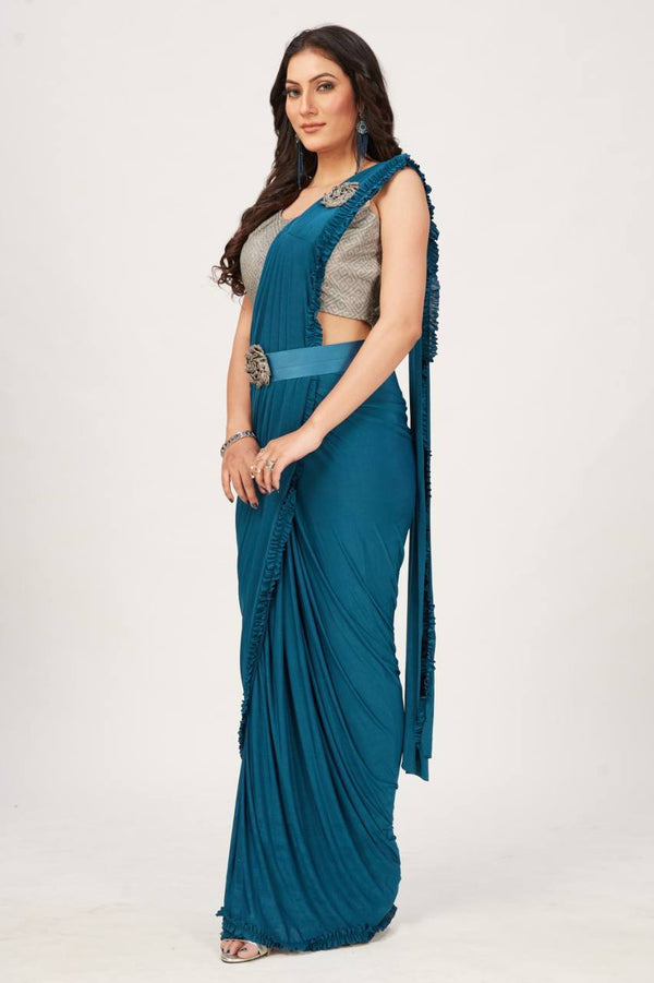 Teal Blue Plain Imported Saree With Frill Border And Belt