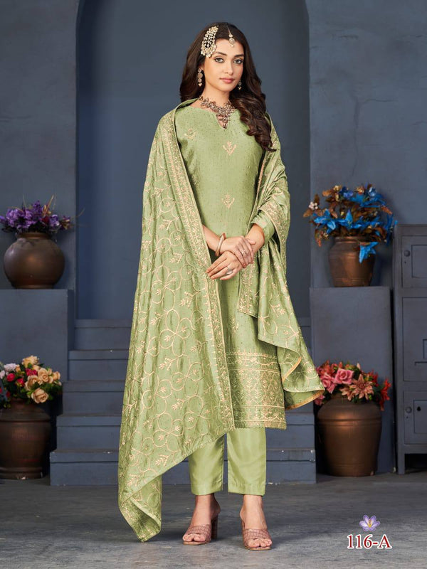 Green Blooming Vichitra Embroidery Anarkali With Dupatta Set