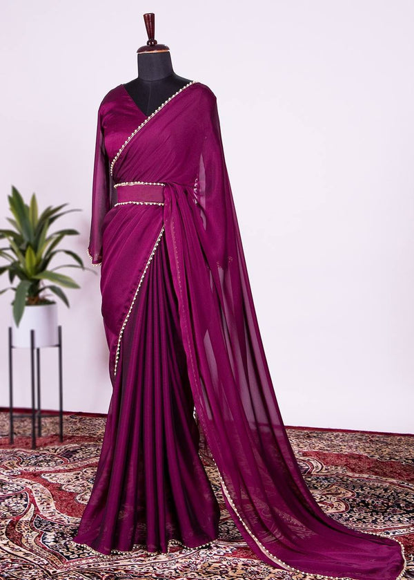 Wine Plain Rangoli Silk Saree With Pearl Lace Border