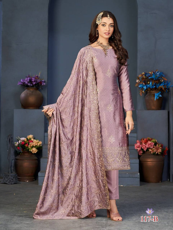 Dusty Purple Blooming Vichitra Embroidery Anarkali With Dupatta Set