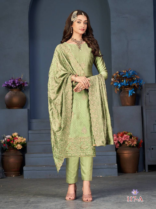 Green Blooming Vichitra Embroidery Anarkali With Dupatta Set