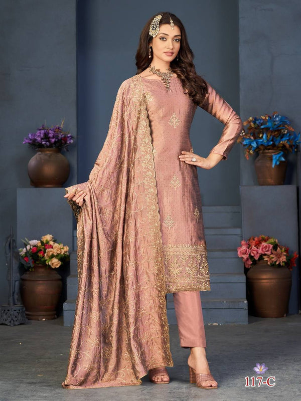 Peach Blooming Vichitra Embroidery Anarkali With Dupatta Set