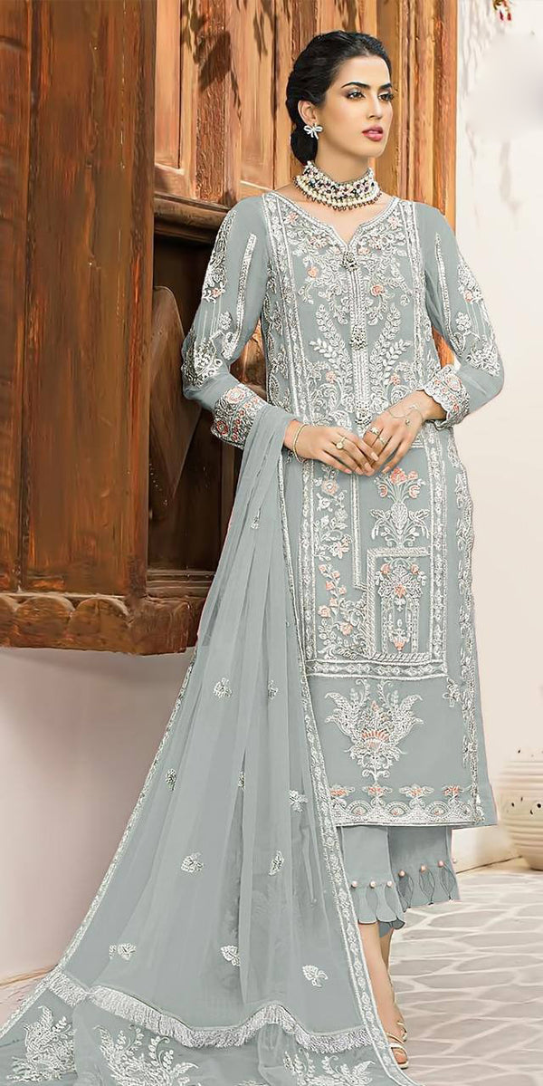 Grey Georgette Embroidery Anarkali With Dupatta Set