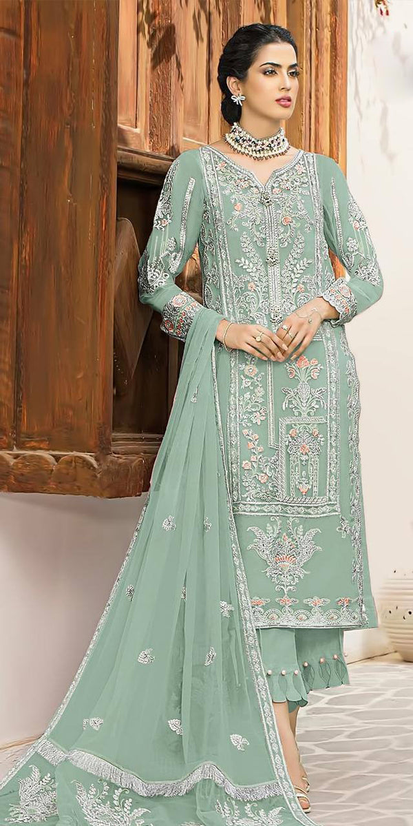 Mint Georgette Embroidery Anarkali With Dupatta Set