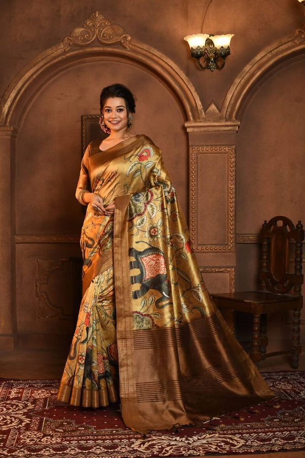 Yellow Printed Ghicha Tusser Zari Border Saree