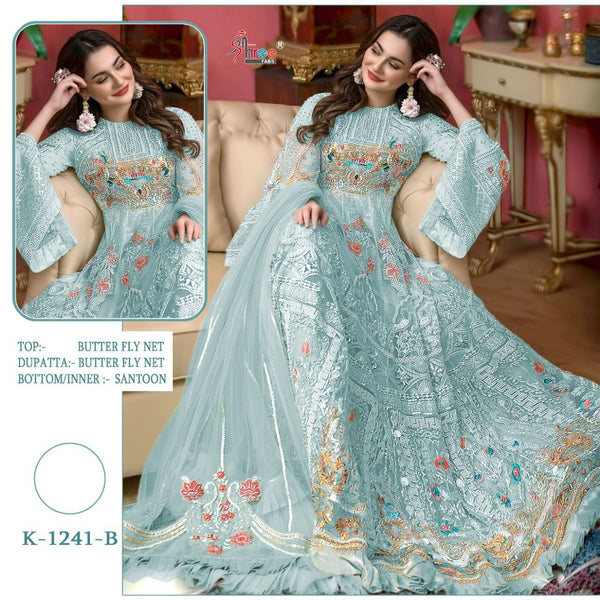 Blue Net Embroidery Anarkali With Dupatta Set